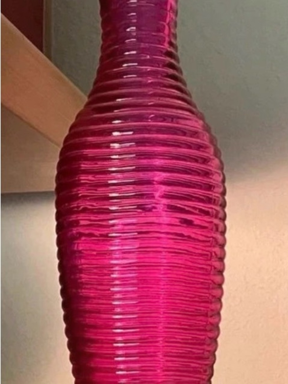 Fuchsia Pink Ribbed Glass Vase 9” Tall